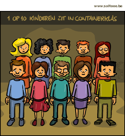 Thema van de cartoon op deze pagina: Één op tien kinderen zit in een containerklas, klik op de cartoon om naar de volgende te gaan