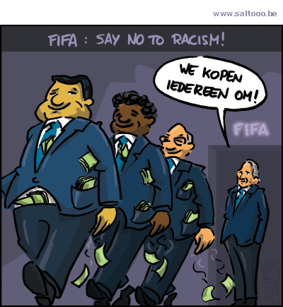 Thema van de cartoon op deze pagina: Corruptie en FIFA, twee handen op één buik, klik op de cartoon om naar de volgende te gaan