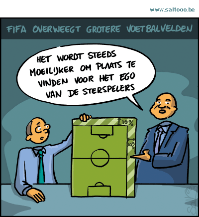 Thema van de cartoon op deze pagina: Fifa overweegt om in de toekomst grotere voetbalvelden te gebruiken, klik op de cartoon om naar de volgende te gaan