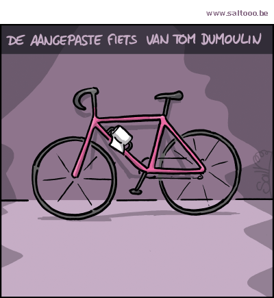Thema van de cartoon op deze pagina: Tom Dumoulin wint de Giro en heeft een aangepaste fiets, klik op de cartoon om naar de volgende te gaan