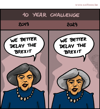 Thema van de cartoon op deze pagina: Ook in Groot Brittannië kent men de 10 year challenge, klik op de cartoon om naar de volgende te gaan