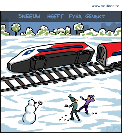 Thema van de cartoon op deze pagina: De ondergang van de fyra is volgens de constructeur de sneeuw, klik op de cartoon om naar de volgende te gaan